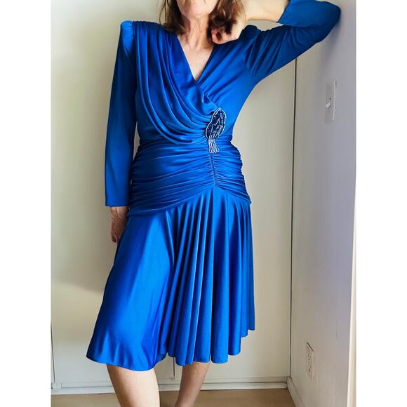 Vintage 80s Dynasty Cobalt Blue Dress Size 10 Draped Midi Length Sexy Party - Picture 12 of 12
